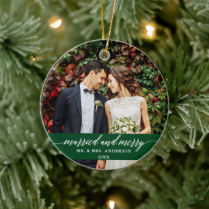 Ornamento De Cerâmica Caligrafia de Casamento Casado e Feliz Verde