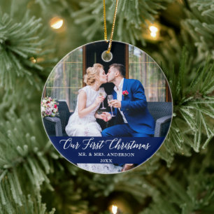 Ornamento De Cerâmica Caligrafia elegante Nosso Primeiro Azul De Natal