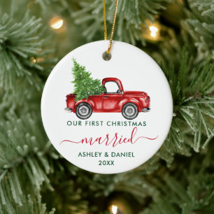Ornamento De Cerâmica Caligrafia Nosso Primeiro Natal Casado Com Caminhã