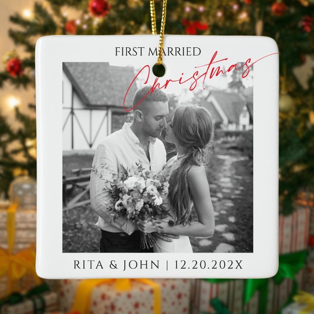 Ornamento De Cerâmica Caligrafia Primeiro Casada Foto de Natal Cerâmica (Criador carregado)