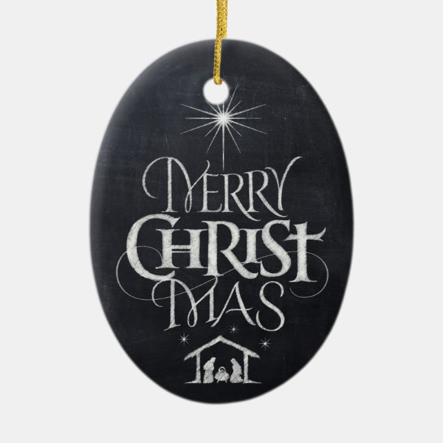 Ornamento De Cerâmica Caligrafia Religiosa de Chalkboard Merry CHRISTmas (Frente)