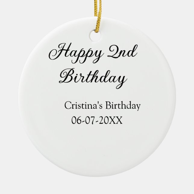 Ornamento De Cerâmica caligrafia simples segundo aniversário feliz mínim (Frente)