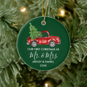 Ornamento De Cerâmica Caligrafia Sr.ª Truck Vermelho Natal Green