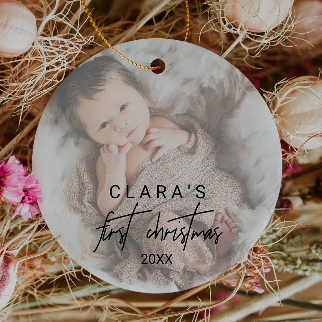 Ornamento De Cerâmica Caligrafia Whimsical Fapou Foto Primeiro Natal (Whimsical Calligraphy Faded Photo First Christmas Ceramic Ornament)