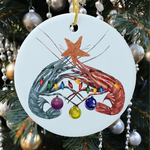 Ornamento De Cerâmica Camarão de Natal Aquarela Crustáceo