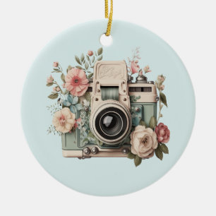 Ornamento De Cerâmica Câmera com Flores Pastel Retro