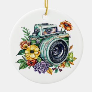 Ornamento De Cerâmica Câmera retrô em flores vintage Natal