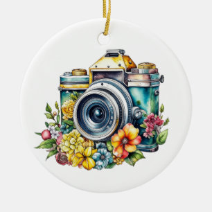 Ornamento De Cerâmica Câmera Retro no Natal das Flores Vintage