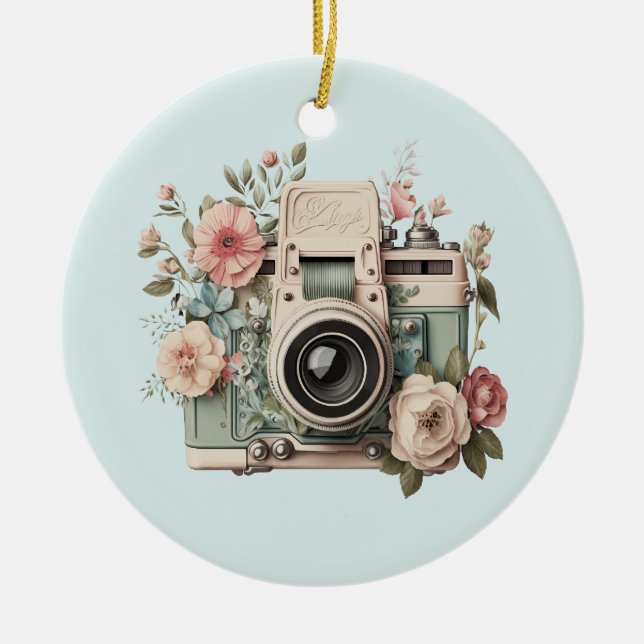 Ornamento De Cerâmica Camera with Flowers Retro Pastel (Frente)