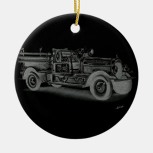 Ornamento De Cerâmica caminhão de bombeiros vintage desenhado à mão inve