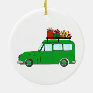 Ornamento De Cerâmica Caminhão de Natal verde com presentes