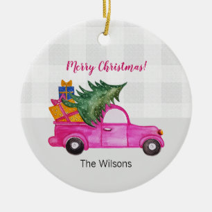 Ornamento De Cerâmica Caminhão Rosa De Natal Bonito Com Árvore E Desejos