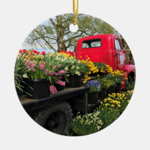 Ornamento De Cerâmica Caminhão Vermelho com Flores de primavera e Arco-Í