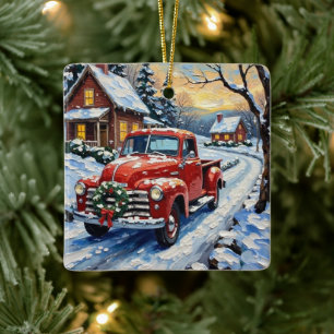 Ornamento De Cerâmica Caminhão Vermelho de Natal Antigo na Estrada Rural