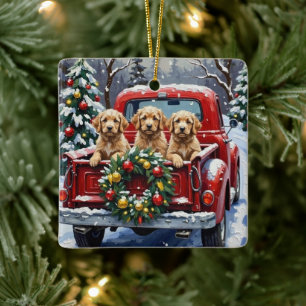 Ornamento De Cerâmica Caminhão Vermelho de Natal Cockapoo Férias