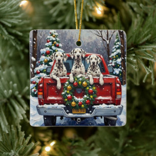 Ornamento De Cerâmica Caminhão Vermelho de Natal Dalmatiano Férias