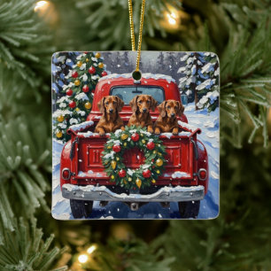 Ornamento De Cerâmica Caminhão Vermelho de Natal do Dachshund Férias