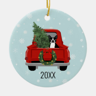 Ornamento De Cerâmica Caminhão Vermelho de Natal em Boston Terrier