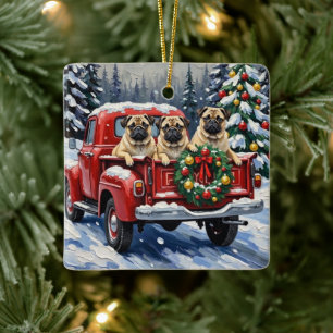 Ornamento De Cerâmica Caminhão Vermelho de Natal Pug Férias