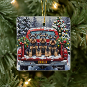 Ornamento De Cerâmica Caminhão Vermelho de Natal Schnauzer Férias