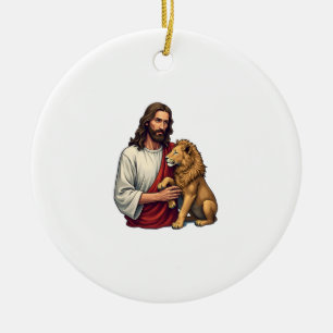 Ornamento De Cerâmica Camisa Da Fé Com Jesus Gravado Leão E Cordeiro 2