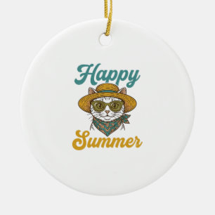 Ornamento De Cerâmica Camisa de Verão Feliz Gato Vintage Gravura Design_