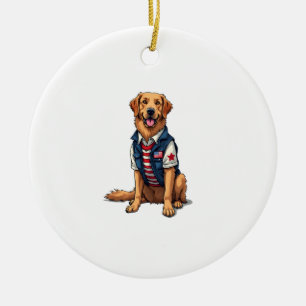 Ornamento De Cerâmica Camisa Patriótica de Cão de Serviço Golden Retriev