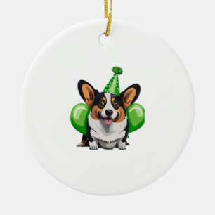 Ornamento De Cerâmica Camiseta Clássica de Aniversário Verde Corgi