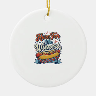 Ornamento De Cerâmica Camiseta Vintage Hot Dog Here For The Wieners_1