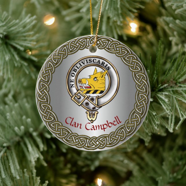 Ornamento De Cerâmica Campbell Clan Badge & Tartan Thistle Personalized (Árvore)