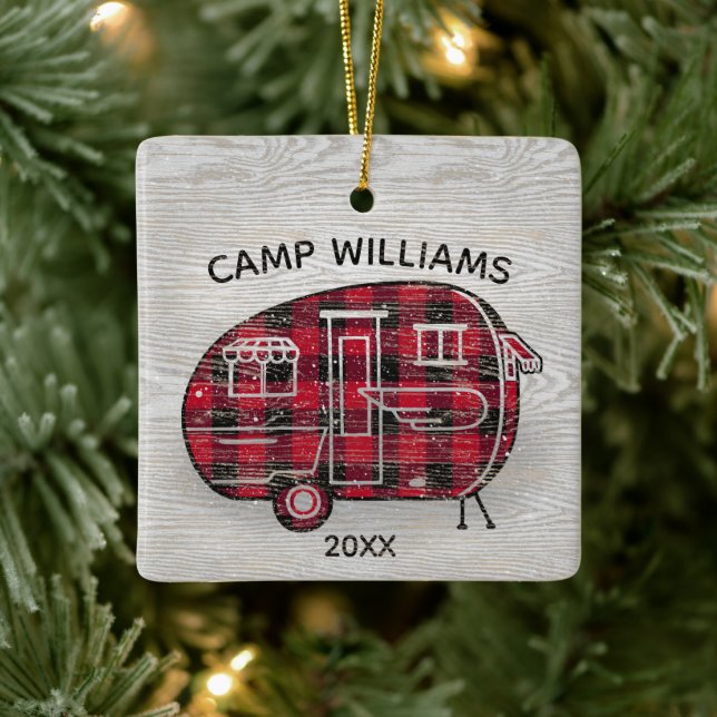Ornamento De Cerâmica Camper Rustic Red Buffalo Plaid Family Name Xmas (Árvore)