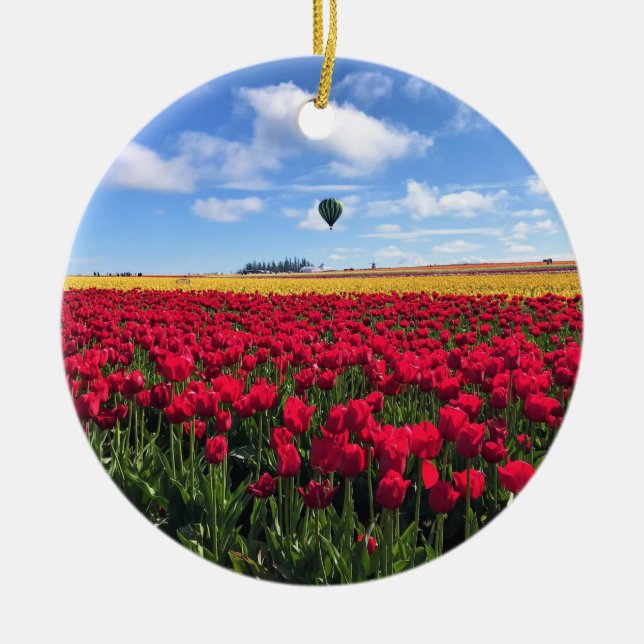 Ornamento De Cerâmica Campo de Tulipas Vermelho e Amarelo com Balão de A (Frente)