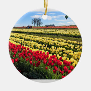 Ornamento De Cerâmica Campo de Tulipas Vermelho e Amarelo com Balão de A