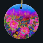 Ornamento De Cerâmica campos de girassol cor-de-abstrato, flores retrógr<br><div class="desc">Cor de água romântica original rosa e campos de girassol roxo pintados por H Cooper - flare vintage! Volta do ornamento personalizável!</div>