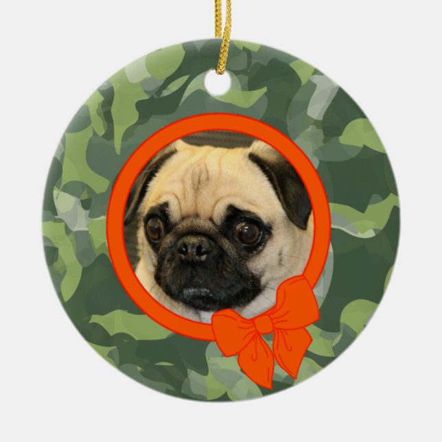 Ornamento De Cerâmica Camuflagem De Fotos Pet Com Arco Laranja (Frente)