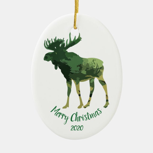 Ornamento De Cerâmica Camuflagem de Natal datada personalizada Moose Div (Frente)