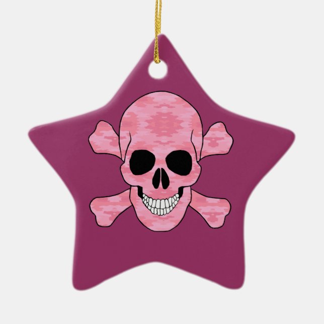 Ornamento De Cerâmica Camuflagem Rosa Caveira E Crossbones Administração (Frente)