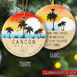 Ornamento De Cerâmica Cancún México Retro Sunset Palm tree Souvenirs 60s<br><div class="desc">Cancún retro design de praia para férias. Cancun Mexico Cities Vintage souvenir para viagem às Cidades de Praia do México. Trabalho de arte de Cancun para férias e mochilas do México. Cancun retro souvenir. Design para mochilas e viagem para o México. Praia com o souvenir Vintage para férias à beira-mar....</div>