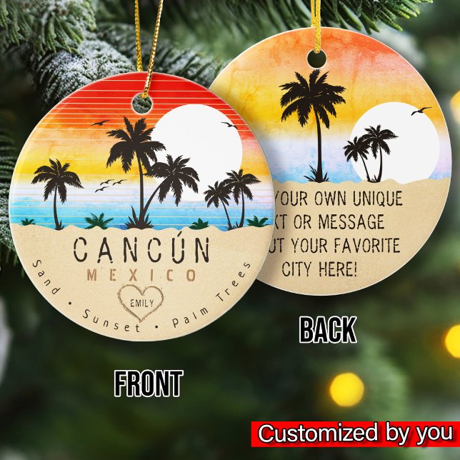 Ornamento De Cerâmica Cancún México Retro Sunset Palm tree Souvenirs 60s (Criador carregado)