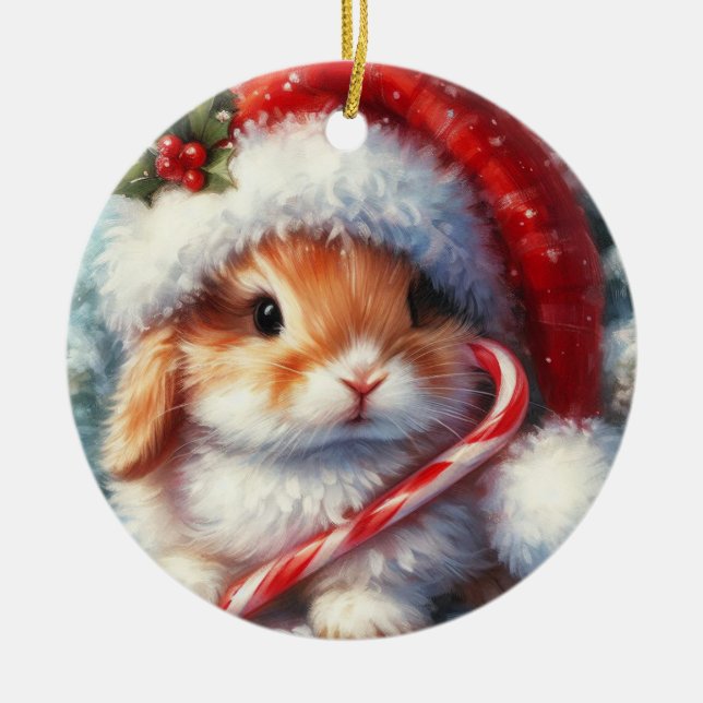 Ornamento De Cerâmica Candy Cane Coelho Coelho Natal (Frente)