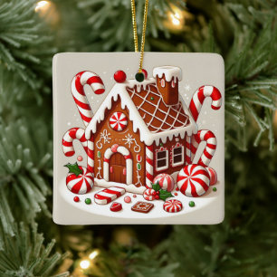 Ornamento De Cerâmica Candy Cane e Holiday Delights Gingercake House