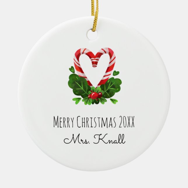 Ornamento De Cerâmica Candy Cane Heart Feliz Ano de Natal Nome PROFESSOR (Frente)