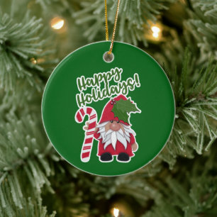 Ornamento De Cerâmica Candy Cane Holly Gnomo   Feriados felizes!