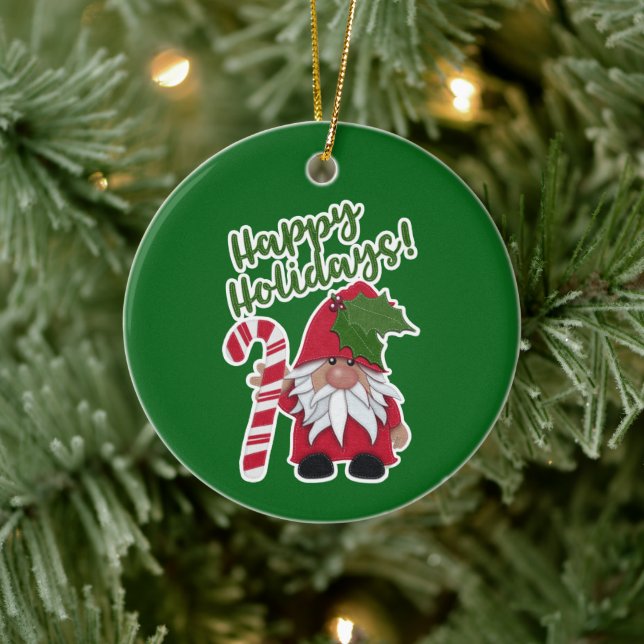 Ornamento De Cerâmica Candy Cane Holly Gnomo | Feriados felizes! (Árvore)