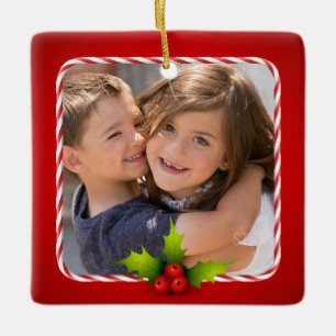 Ornamento De Cerâmica Candy Cane Holly Photo