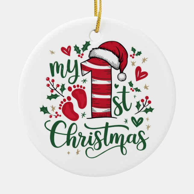 Ornamento De Cerâmica Candy Cane “My 1st Christmas” with Photo (Frente)