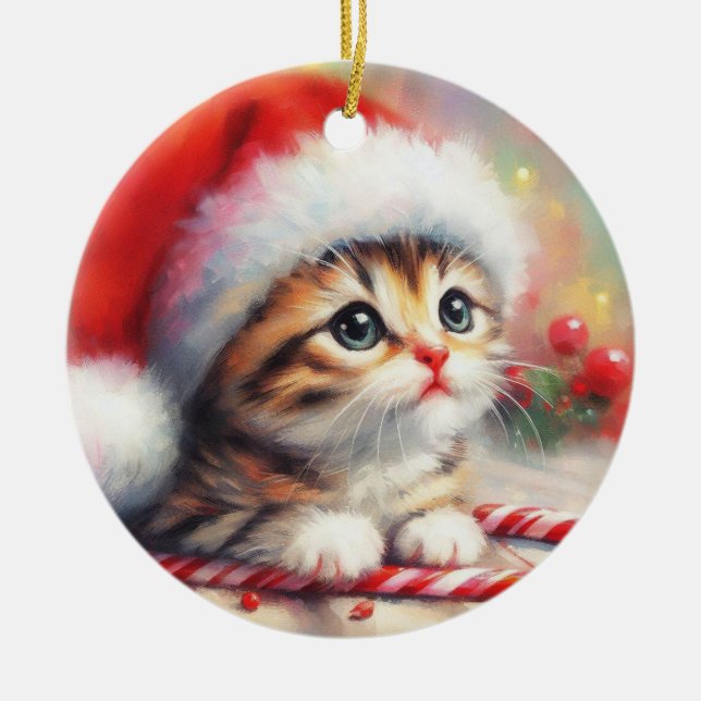 Ornamento De Cerâmica Candy Cane Tabby Kitten Natal (Frente)