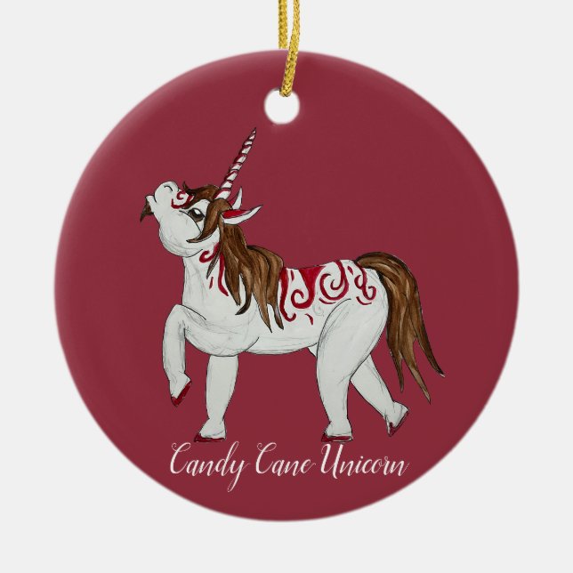Ornamento De Cerâmica Candy Cane Unicorn (Frente)