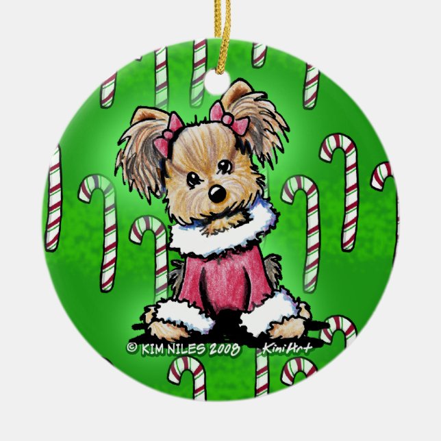 Ornamento De Cerâmica Candy Cane Yorkie Terrier Ornament (Frente)