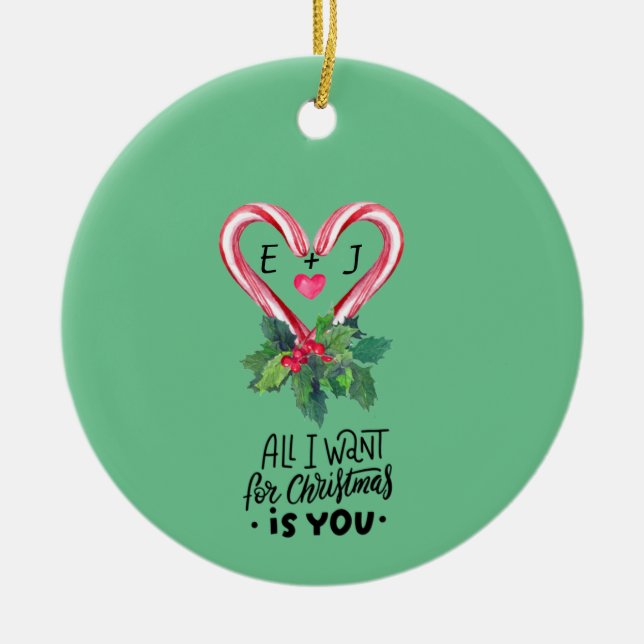 Ornamento De Cerâmica Candy Canes,Holly Berry,Love,Monograma (Frente)